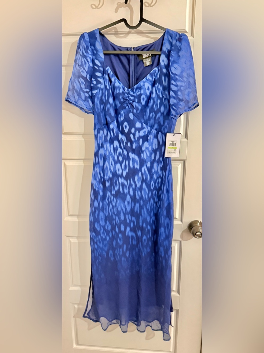 Dkny Blue Women's Short Sleeve Sweetheart Neck Lined Side Slit Midi Dress - Picture 12 of 12